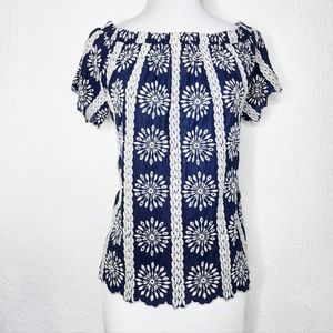 Entro Off the Shoulder Top Sz M Blue w White Eyelet Embroidery Blouse Boho